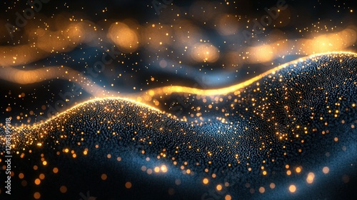 Golden particles flow, dark background, abstract design, website header