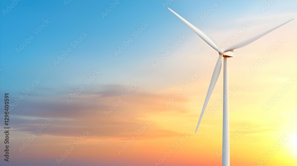 Fototapeta premium Wind turbine stands against a colorful sunset sky during golden hour to generate clean renewable energy.