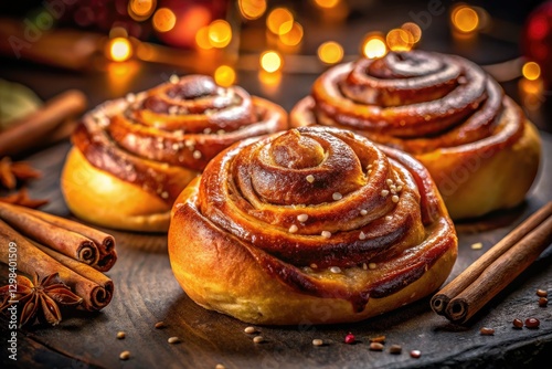 Sweet Zimtschnecken photographed at night: a tempting autumn treat, perfectly captured in dark, cozy food photography. photo