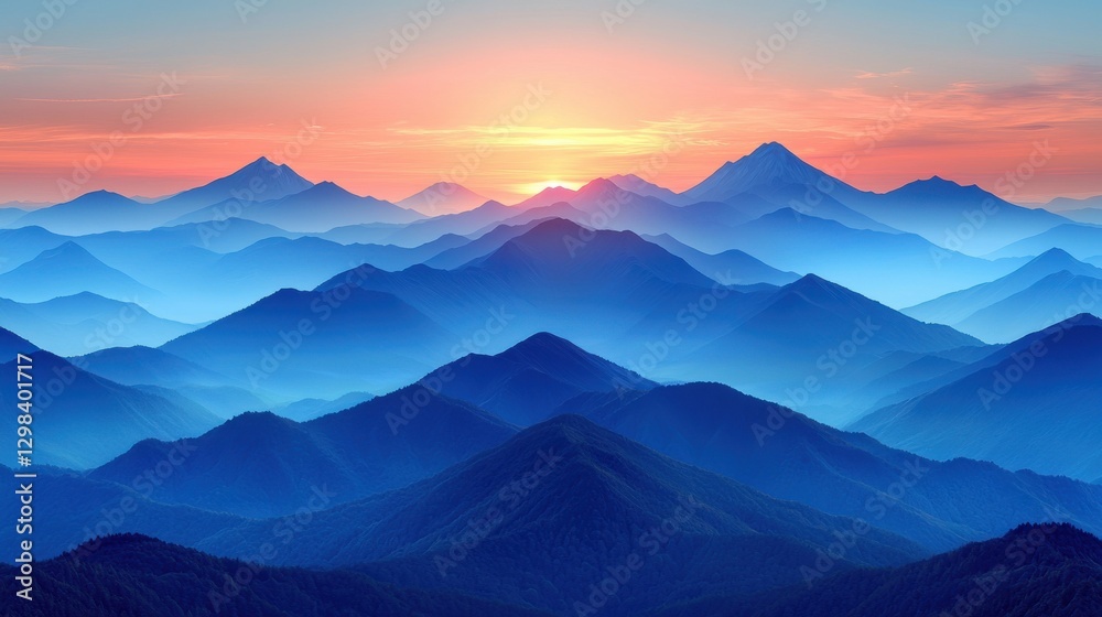 Fototapeta premium Majestic mountains at sunrise with layers of blue tones creating a serene and tranquil atmosphere