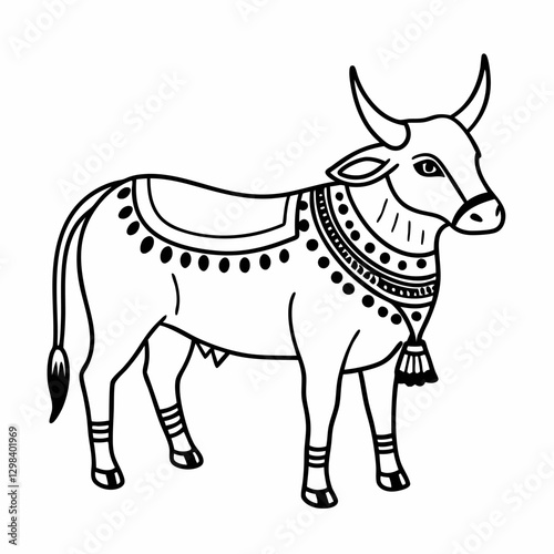Ornate Traditional Indian Cow Illustration in Black Line Art