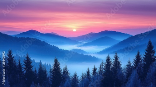 Misty mountain landscape at dawn with vibrant sunrise illuminating the sky