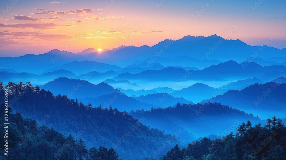Serene sunrise over layered mountain ranges reflecting morning light in a tranquil landscape Serene sunrise over layered mountain ranges reflecting morning light in a tranquil landscape