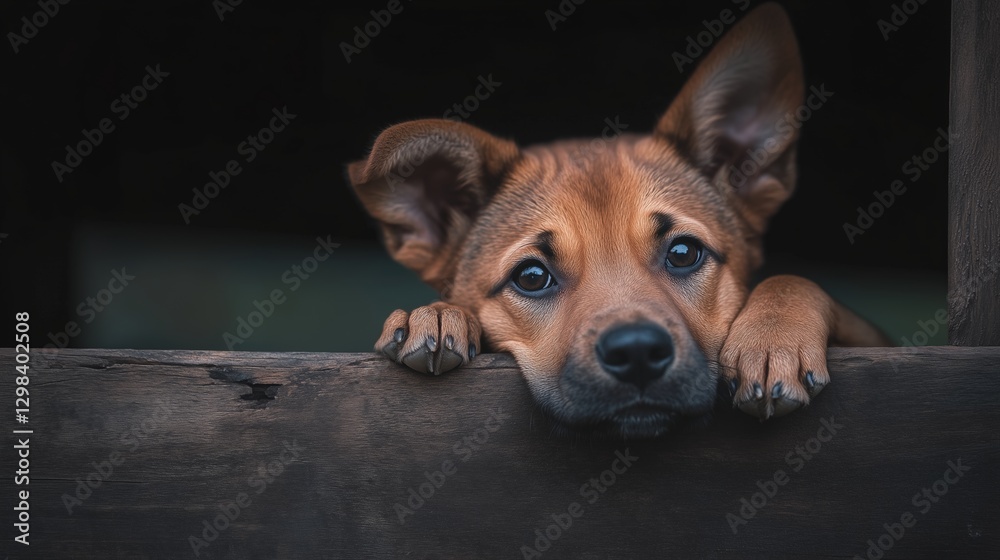 Obraz premium Close-up of a mixed-breed puppy with big expressive eyes leaning on a wooden surface, dark background. Animal emotions and companionship.