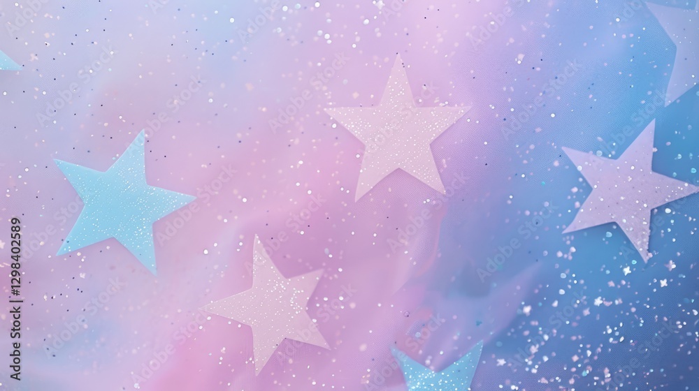 Obraz premium Pastel gradient background with sparkling blue and pink glitter stars and white dots for festive or fantasy design