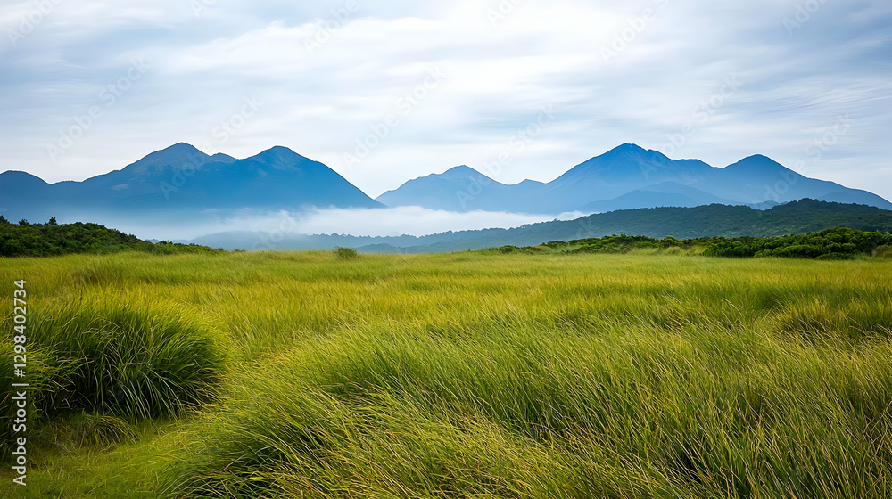 Green Field and Mountain Range Under a Cloudy Sky in Daylight