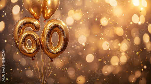 Golden 60th birthday balloons, confetti, bokeh