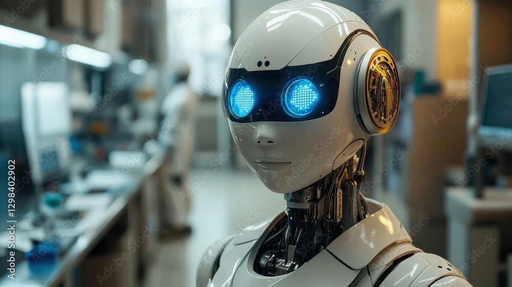 Advanced humanoid robot with glowing eyes in a high-tech laboratory setting during the day Advanced humanoid robot with glowing eyes in a high-tech laboratory setting during the day