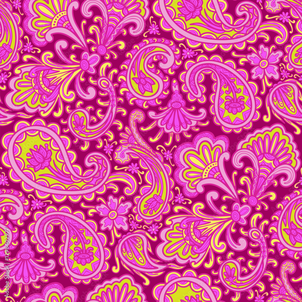 Paisley floral pattern, abstract flowers, magenta and yellow colors. Seamless floral pattern-659. Paisley floral pattern, abstract flowers, magenta and yellow colors. Seamless floral pattern-659.