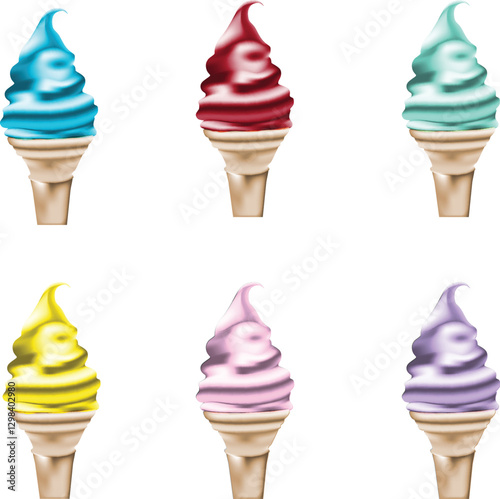 Colorful Soft Serve Ice Cream Cones - Vector Illustration