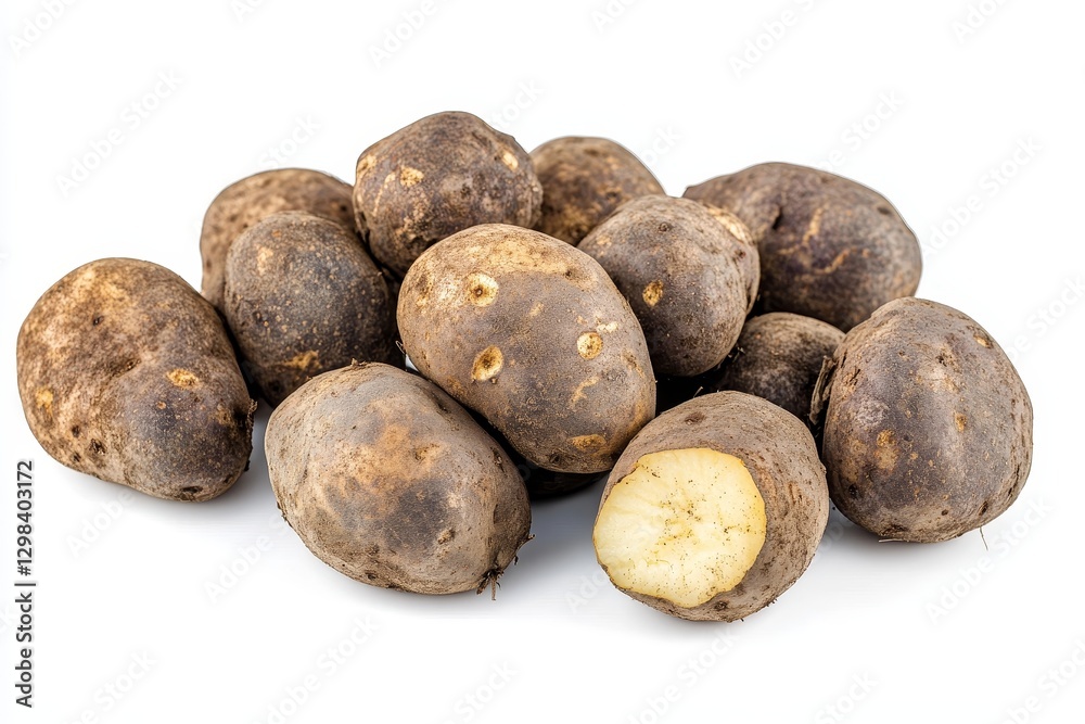 Pile of Dark Potatoes - A pile of dark-skinned potatoes, some showing creamy flesh, are isolated on a white background Pile of Dark Potatoes - A pile of dark-skinned potatoes, some showing creamy flesh, are isolated on a white background