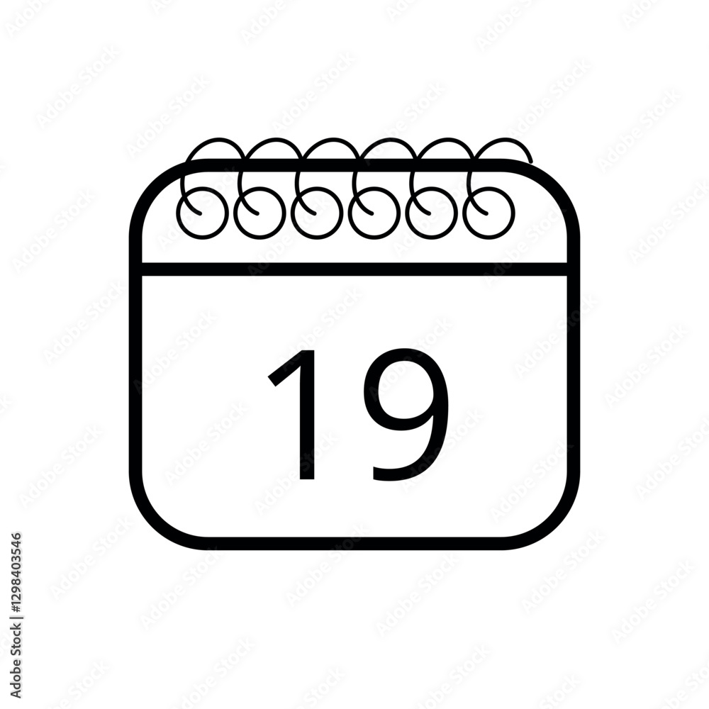 Simple calendar icon in outline isolated on white background with specific day marked for websites and graphic resources, day 19. Simple calendar icon in outline isolated on white background with specific day marked for websites and graphic resources, day 19.