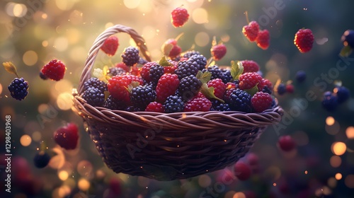 Floating Basket of Mixed Berries with Beautiful Bokeh Effect