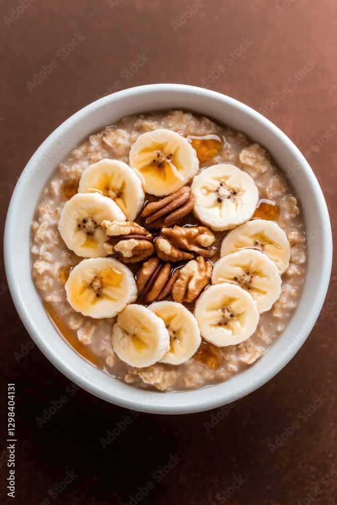 Creamy oatmeal topped with fresh banana slices and crunchy pecan Creamy oatmeal topped with fresh banana slices and crunchy pecan