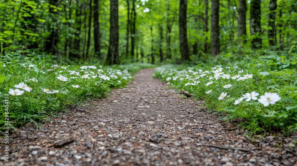 Fototapeta premium Gravel path winds through a lush green forest lined with blooming white wildflowers during a bright spring day.