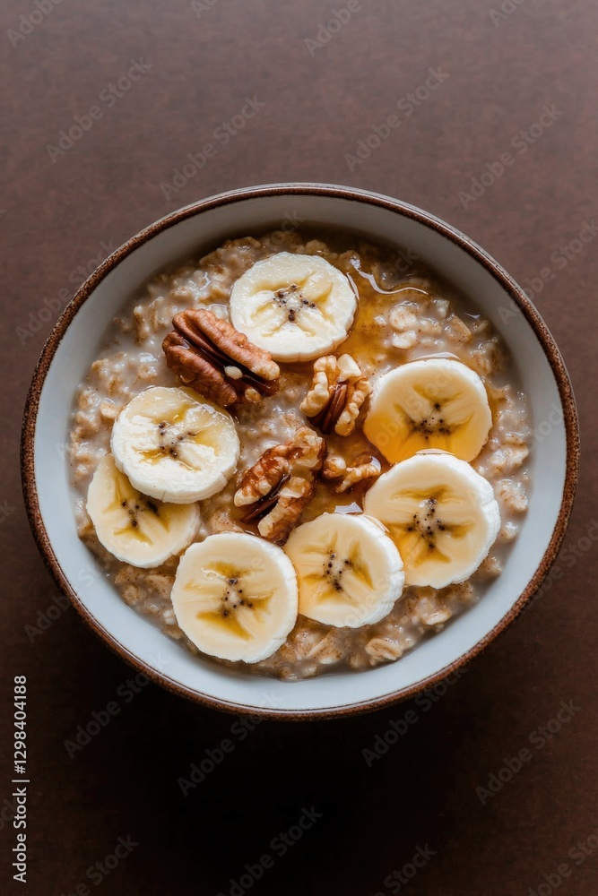 Warm oatmeal topped with fresh banana slices and crunchy pecans, Warm oatmeal topped with fresh banana slices and crunchy pecans,