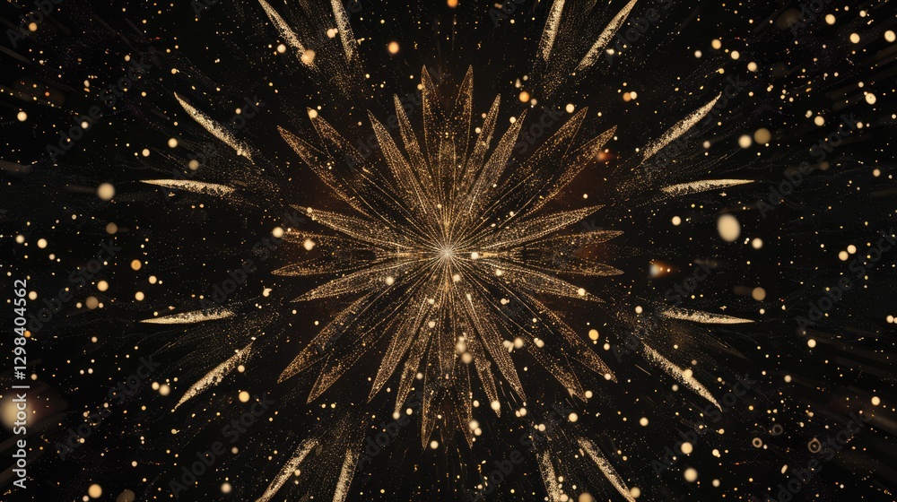 Fototapeta premium Bright golden star with radiating light rays surrounded by small sparkles on black background