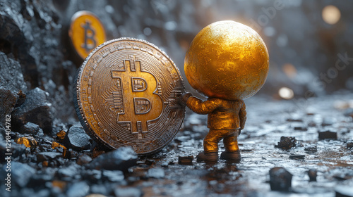 Golden figure holds Bitcoin in a dark mining cave photo