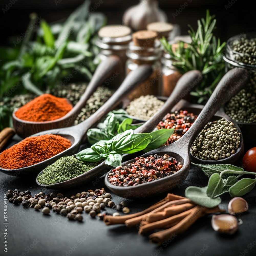 Aromatic Spices and Herbs on Dark Surface Aromatic Spices and Herbs on Dark Surface