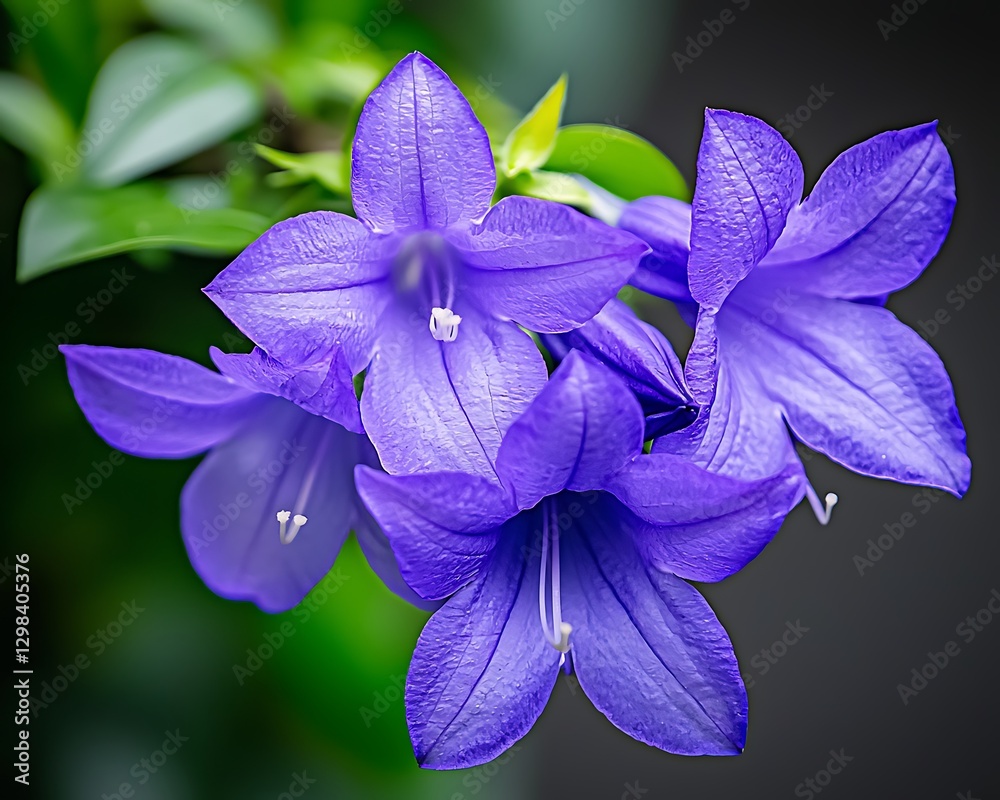 Fototapeta premium Open bluebell flowers blooming on blurred green foliage; use spring greeting card or background