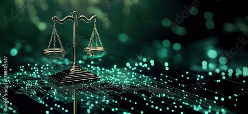 Scales of justice symbolizing law and technology on digital background, copy space for text