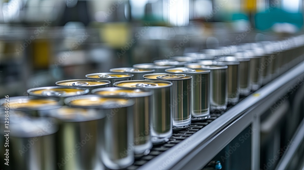 Naklejka premium Aluminum cans for food being processed on a factory conveyor line at a canned food manufacturing plant, with selective focus