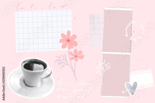 Journal paper collage, vintage photo strips frame, post notes, halftone cutout cup of coffee. Pastel pink mood board vector template.