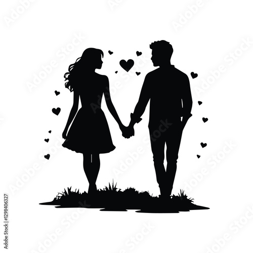 Silhouette of a loving couple walking hand in hand