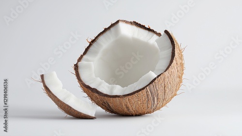 Fresh coconut cut in half on white background, showing texture and detail of the tropical fruit. photo