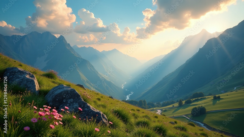 A serene landscape of verdant hills and distant mountains, bathed in the soft glow of setting sunlight. A serene landscape of verdant hills and distant mountains, bathed in the soft glow of setting sunlight.