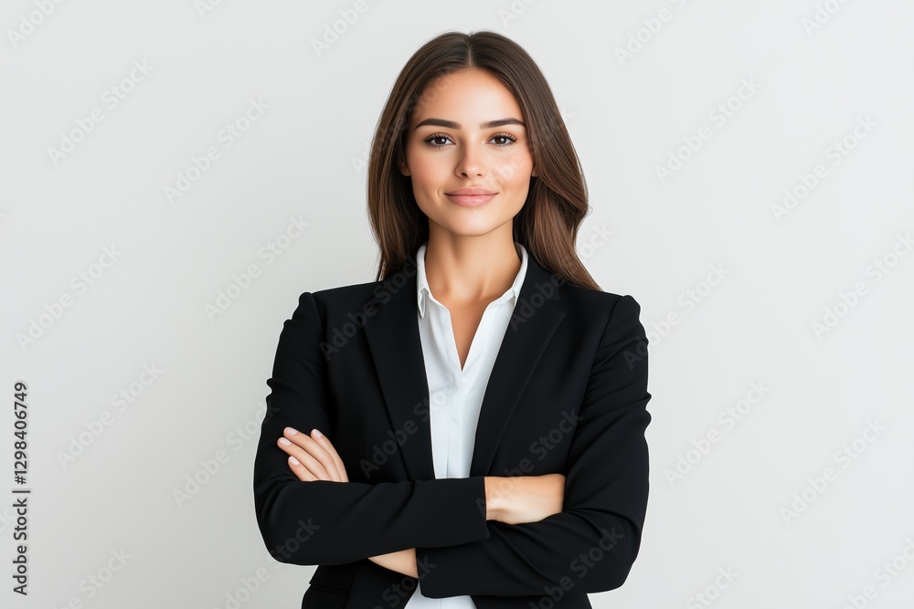Confident businesswoman with long brown hair wearing a black blazer posing against a plain white background. Leadership and success concept. Confident businesswoman with long brown hair wearing a black blazer posing against a plain white background. Leadership and success concept.