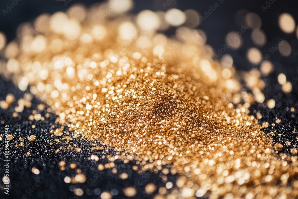 A pile of gold glitter sits on top of a black surface A pile of gold glitter sits on top of a black surface