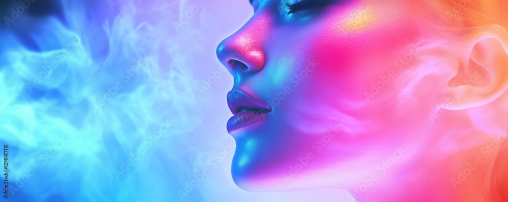 Vibrant profile of a woman with colorful neon lighting and smoke effects, copy space for text Vibrant profile of a woman with colorful neon lighting and smoke effects, copy space for text