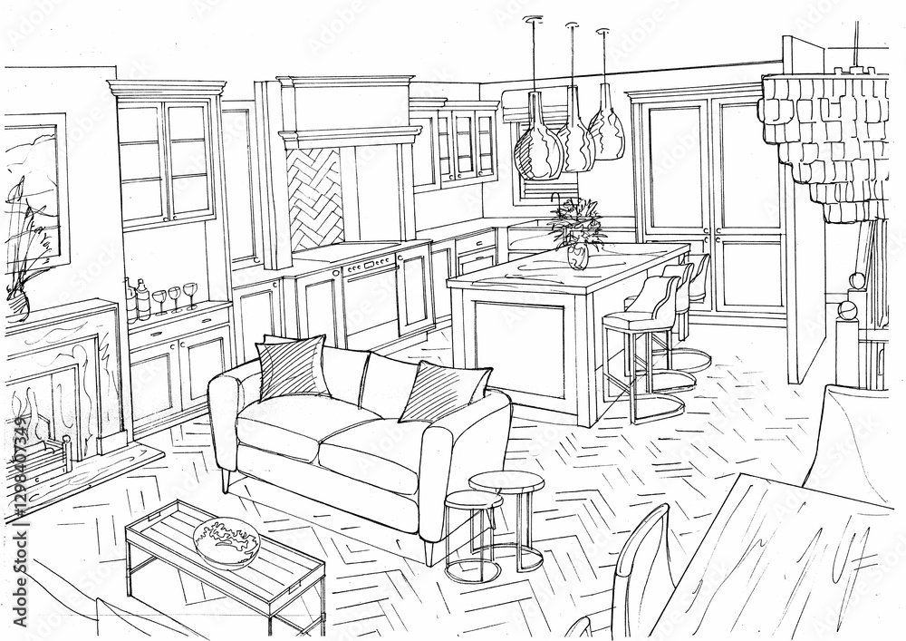 Hand drawn black and white concept sketch for an interior.