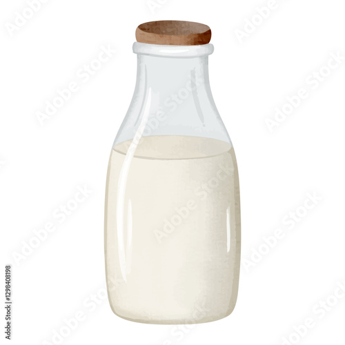 Watercolor glass bottle of milk. Kefir, yogurt or milk glass bottle. Hand drawn illustration.