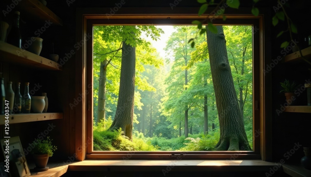 Fototapeta premium A window high up on a tree trunk in the forest, Branches, Tree