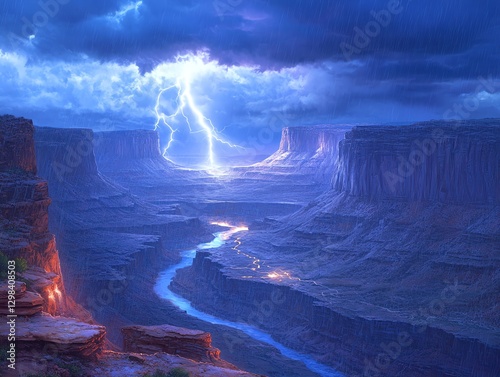 Lightning Strikes Over River Canyon During Storm with Dramatic Sky