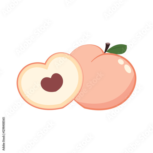 Peach cartoon vector. Doodle peach with leaves icon. Peach fruit in shape of heart isolated on white background. Farm, natural food, fresh fruits.