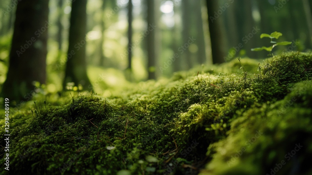 A solitary moss-covered rock sits amidst lush forest foliage A solitary moss-covered rock sits amidst lush forest foliage
