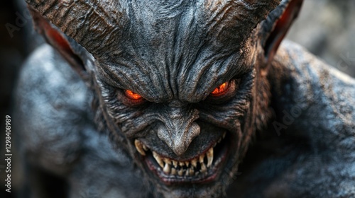 A close-up view of a demonic statue with intricate details, suitable for horror or fantasy themes