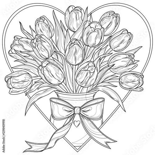 A bouquet of tulips in the heart.Coloring book antistress for children and adults.