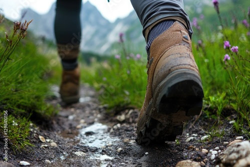 A person walking on a mountain trail with nature scenery around