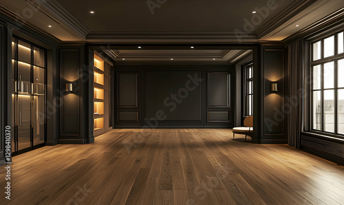 Vintage modern living room in 3D with gray walls and wood floor.