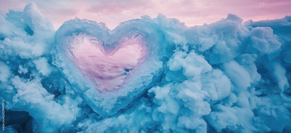 Heart-shaped ice formation against a pastel sky at sunset, copy space for text Heart-shaped ice formation against a pastel sky at sunset, copy space for text
