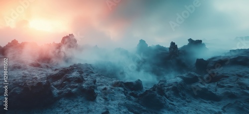 Surreal alien landscape with mist and rocky formations at sunrise, copy space for text