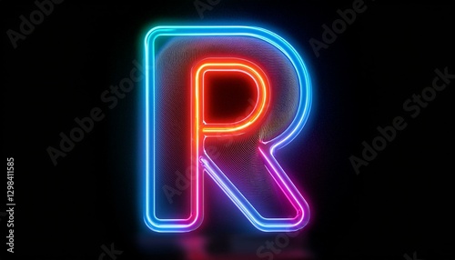 neon light letter R on black background
