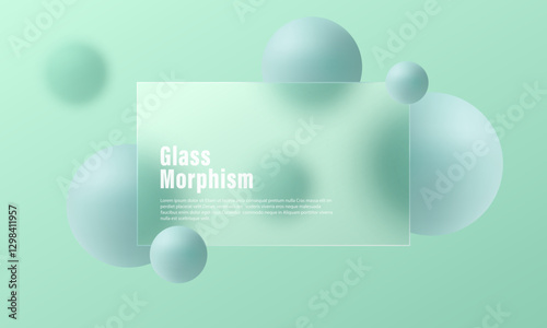 Transparent glass partition with floating mint colored spheres on light gradient background. Abstract background.