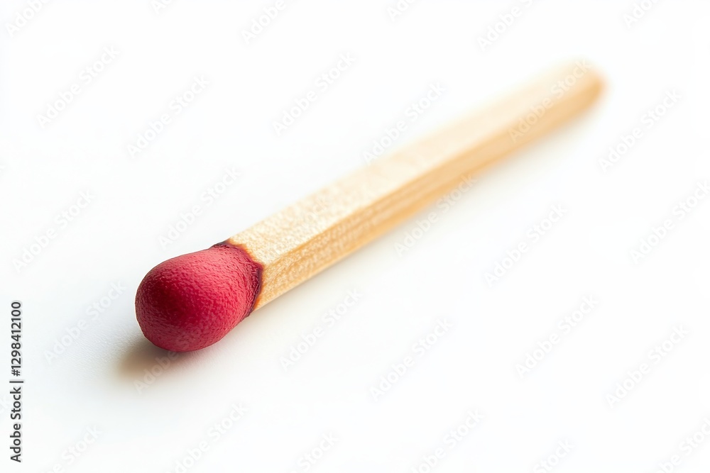 Single Matchstick Red Tip Close Up - A single matchstick with a red tip lies on a white background. It symbolizes ignition, potential, fragility, a fleeting moment, and a simple beginning Single Matchstick Red Tip Close Up - A single matchstick with a red tip lies on a white background. It symbolizes ignition, potential, fragility, a fleeting moment, and a simple beginning