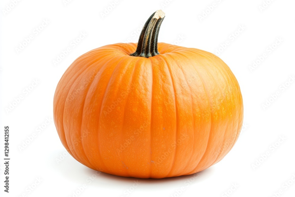 Obraz premium Single Orange Pumpkin on White - A vibrant orange pumpkin, symbolising autumn, harvest, Thanksgiving, healthy eating, and nature's bounty. Perfect for fall recipes and decorations