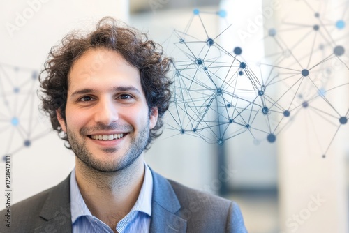 The image shows a smiling man in a suit with a digital network of interconnected nodes floating above his head, symbolizing connectivity or neural activity.